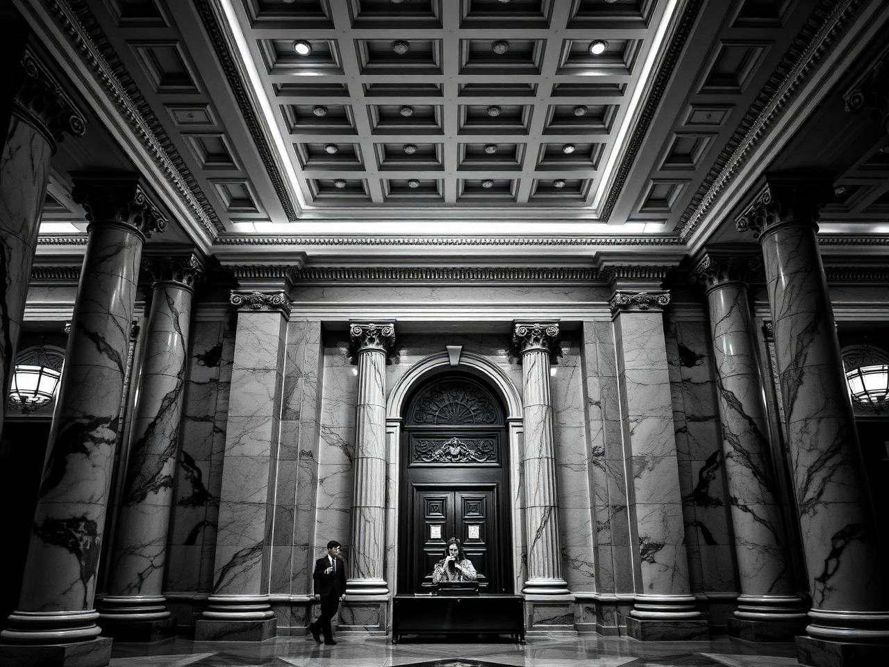 Classical Chicago bank lobby with marble columns